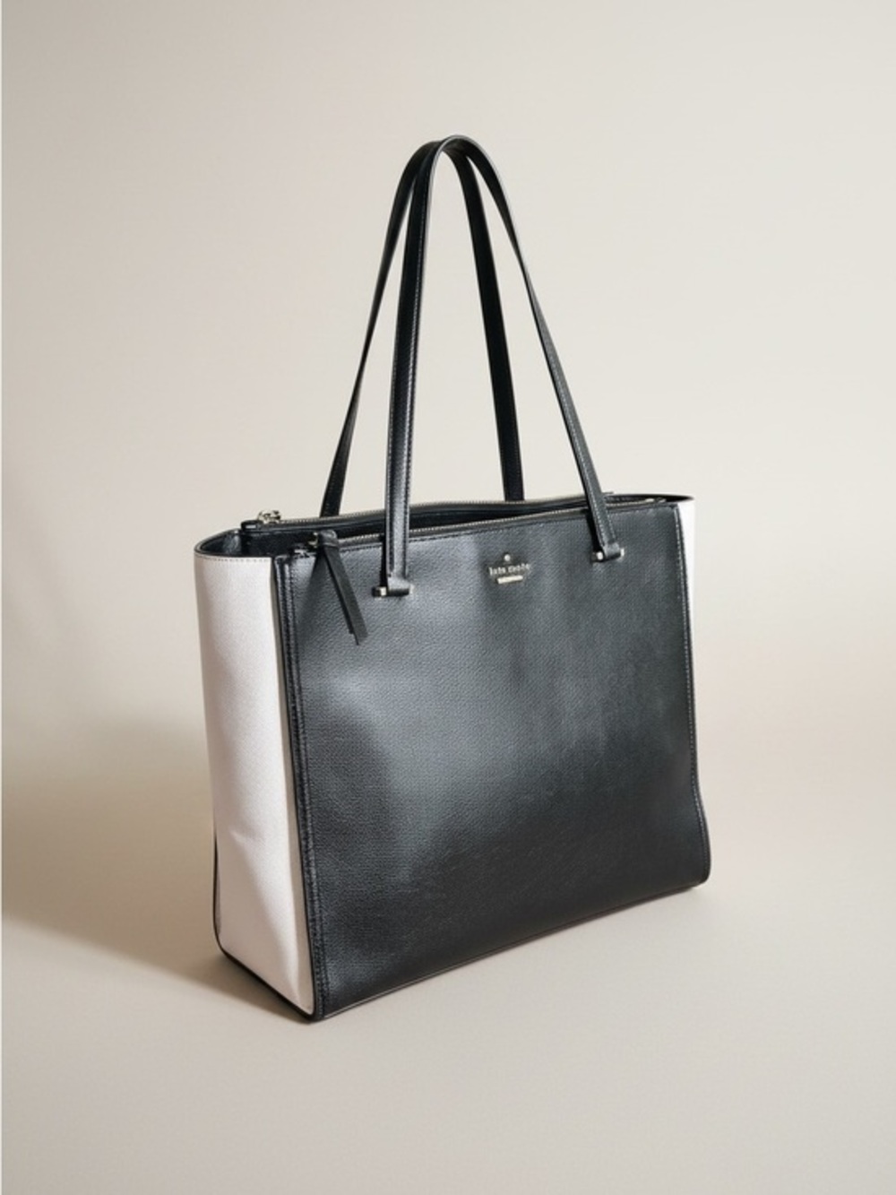 Kate Spade Black Cream White Colorblock Leather Zip Tote Shoulder Bag
